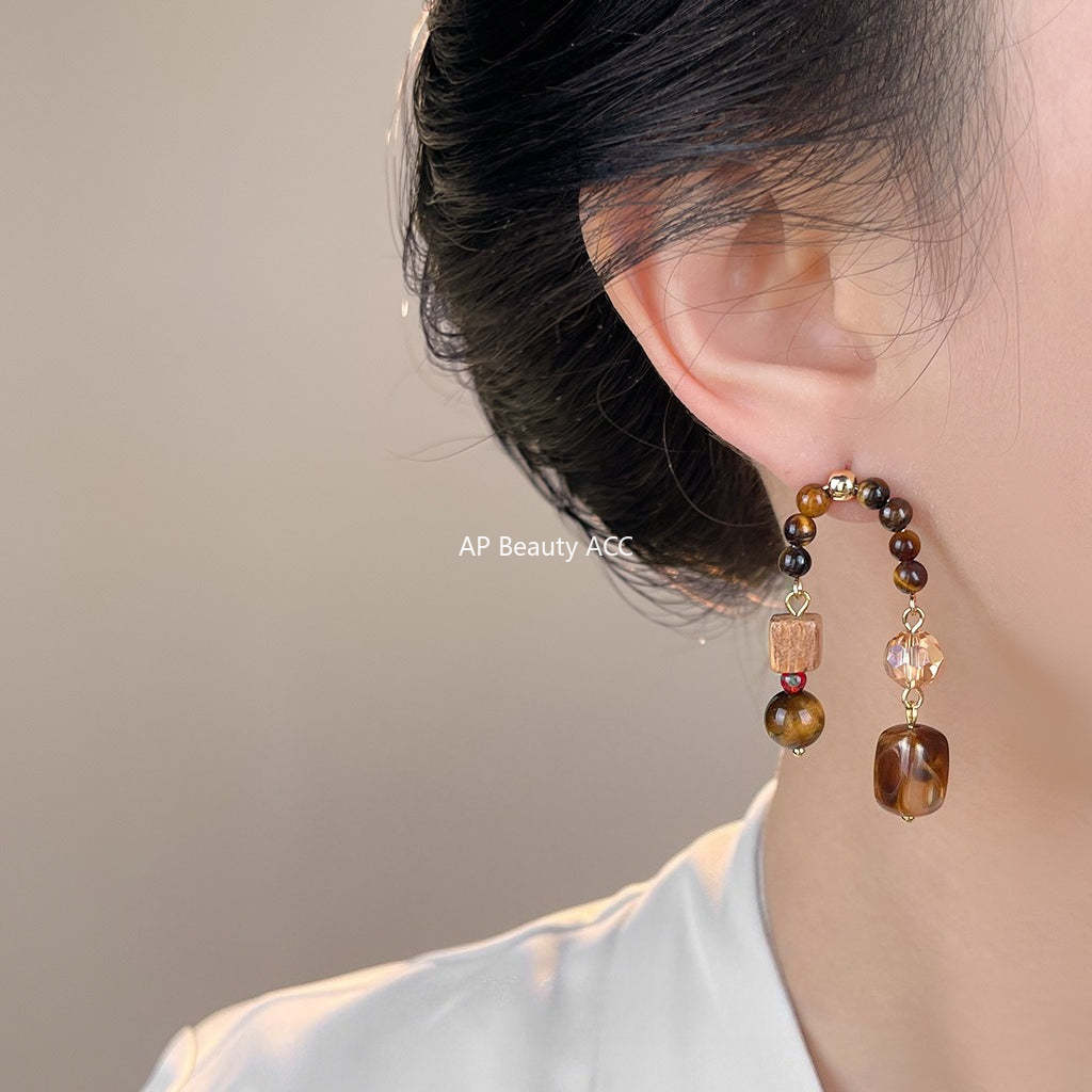 A廠-美拉德風原創手工藝設計感天然石虎眼石琥珀色復古文藝工廠耳環「7116」25.11-3