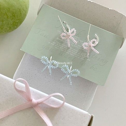 C廠-甜美小香風串珠蝴蝶結耳釘女絕美百搭高級感耳環韓系輕奢氣質耳飾「EH-4125」25.11-1