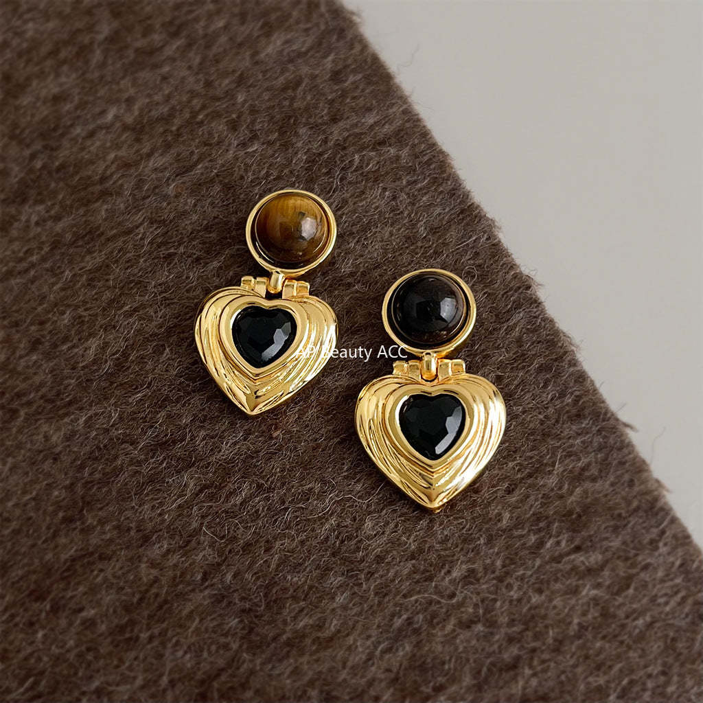 A廠-秋冬爆款美拉德風文藝復古天然石虎眼石中古耳飾工廠愛心幾何耳環「7187」25.12-1