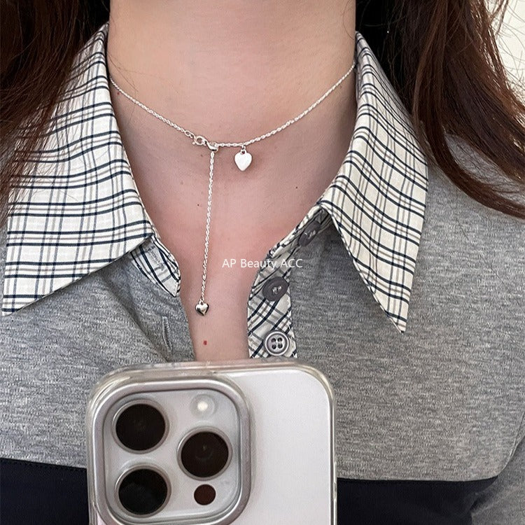 C廠-925純銀韓版抽拉式愛心吊墜項鍊女ins風簡約百搭OL通勤日常鎖骨鏈「XL-1222」25.11-1