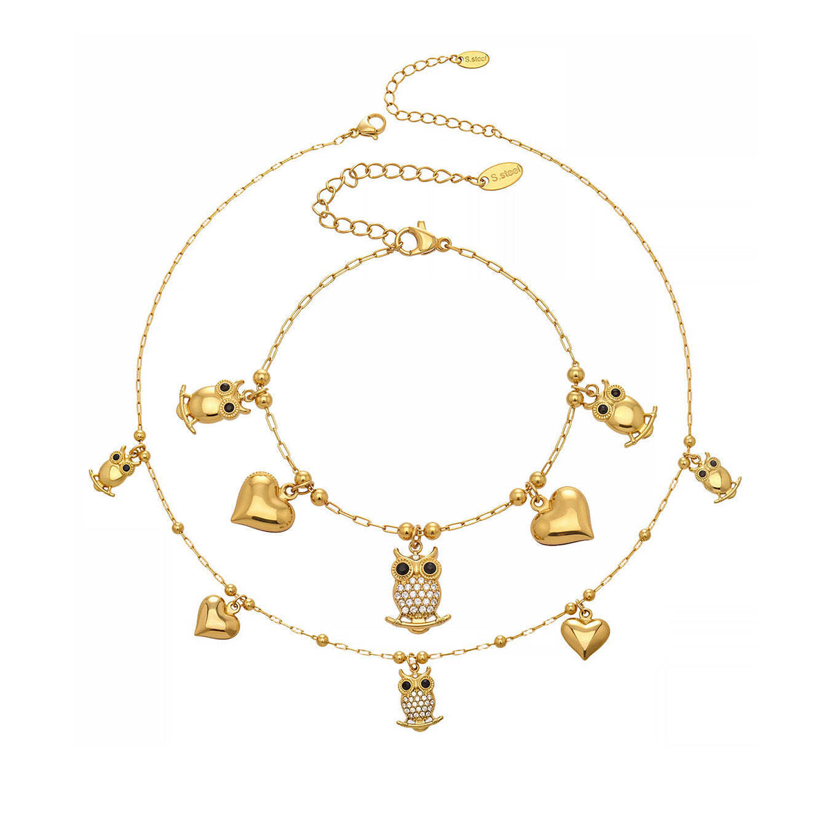 B廠-不鏽鋼貓頭鷹鑲鋯石DIY多配件愛心吊墜項鍊手鍊首飾套裝鍍18k真金「TXP528」25.12-3