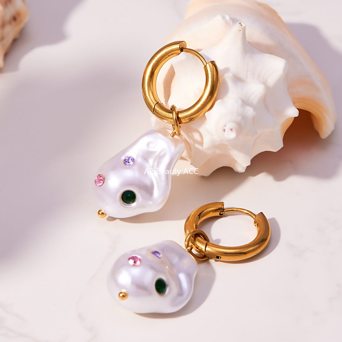 B廠-不鏽鋼異形巴洛克膠珠耳環鍍18k金彩色水鑽時尚輕奢耳飾女「F810」25.11-1