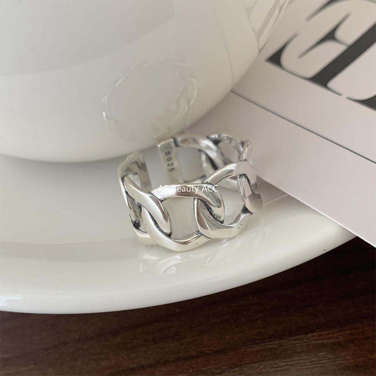 F廠-韓國韓版S925純銀簡約 個性復古泰銀 寬鎖鏈方條開口戒指指環「J549」25.12-2