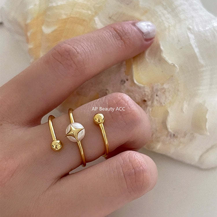 C廠-法式氣質名媛高級感珍珠戒指女百搭純銀疊戴風旋轉四芒星食指戒「JZ-0715」25.10-5