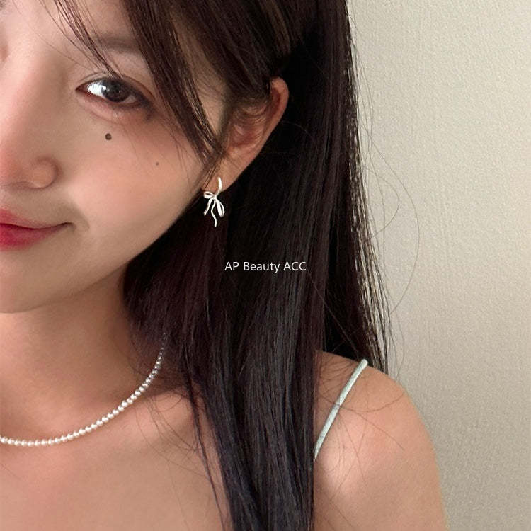 C廠-絲帶蝴蝶結耳釘女小眾設計感高級耳環耳圈拉絲絕美特純銀針耳飾「EH-3250.SJ」25.12-2