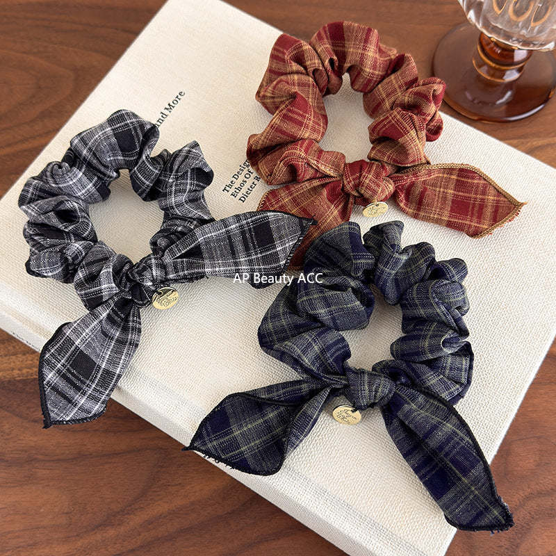 E廠-復古格紋學院風蝴蝶結髮圈減齡時尚百搭髮繩皮筋小腸髮圈頭飾品「27646」25.11-1