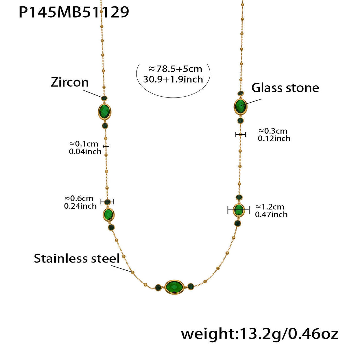 B廠-不鏽鋼十字夾珠鏈橢圓包邊切面玻璃石項鍊耳環首飾套裝鍍18k真金「TXP506」25.12-1