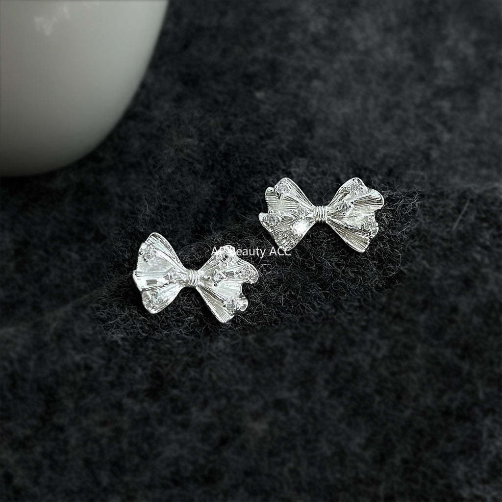 A廠-褶皺感微鑲鋯石925銀針 鍍銀保色蝴蝶結耳環清新甜美簡約通勤耳飾「6948」25.10-4