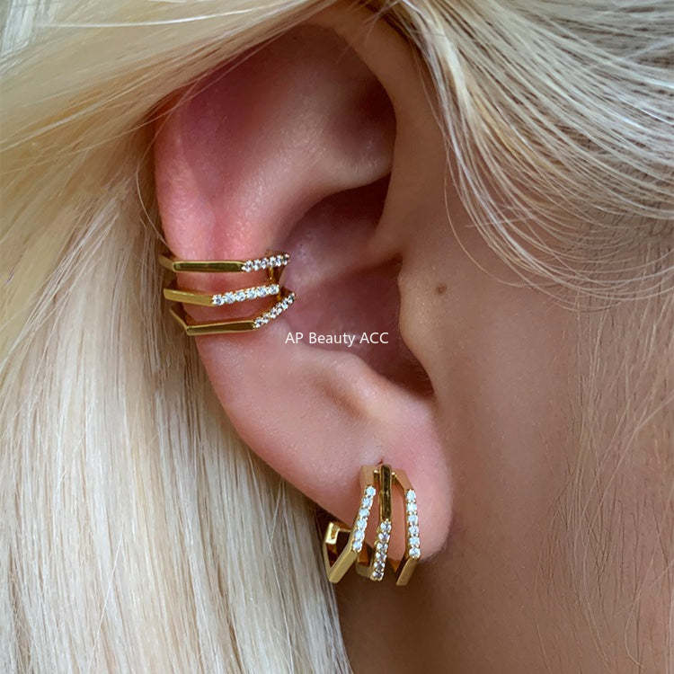C廠-網紅個性疊戴風多層鋯石銀針耳耳釘女韓系時尚清冷ins無耳洞耳夾「EH-4292」25.12-3
