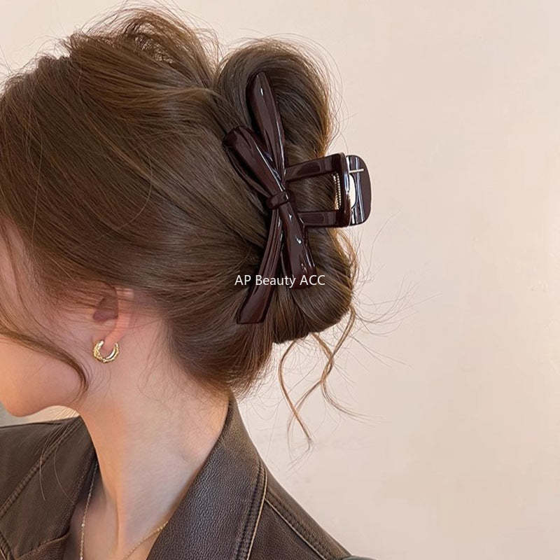E廠-巧克力棕色蝴蝶結抓夾女2025新款高級感後腦勺髮夾盤髮鯊魚夾髮飾「27614」25.10-5