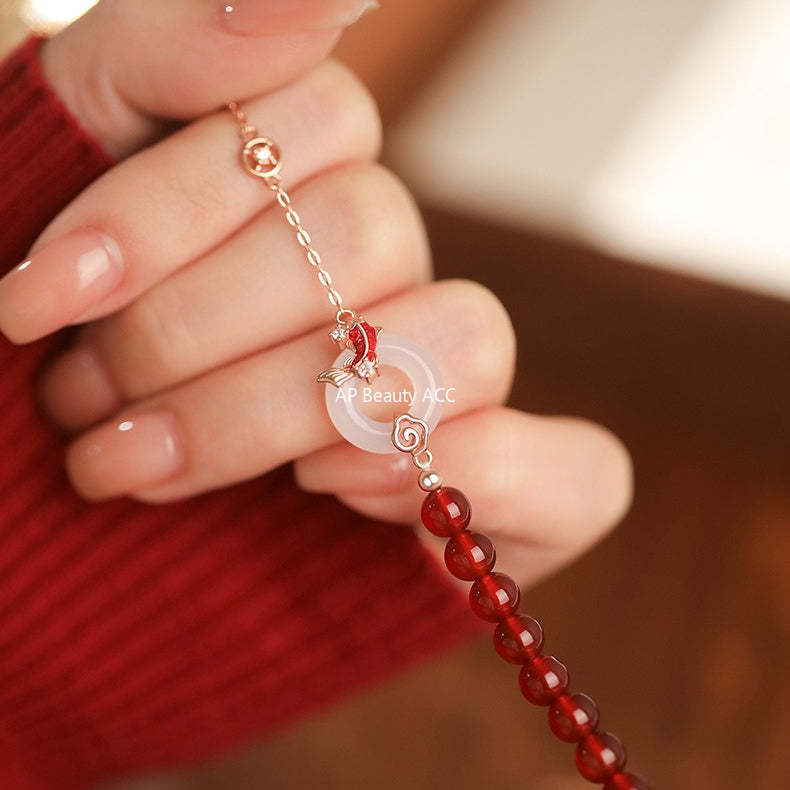 D廠-原創足銀S999紅瑪瑙白玉髓錦鯉平安扣項鍊個性手鍊新中式耳環批發「YC3379E_1 YC2289N_1 YC5110SL_1」25.12-2