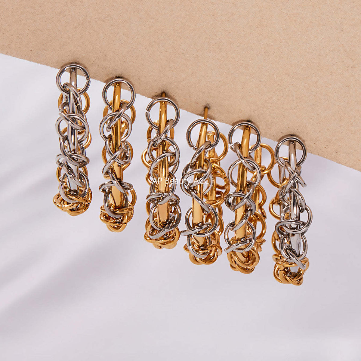 B廠-不鏽鋼嘻哈環扣纏繞C型拼色間電耳環歐美小眾耳飾鍍18k真金「F677」25.10-5