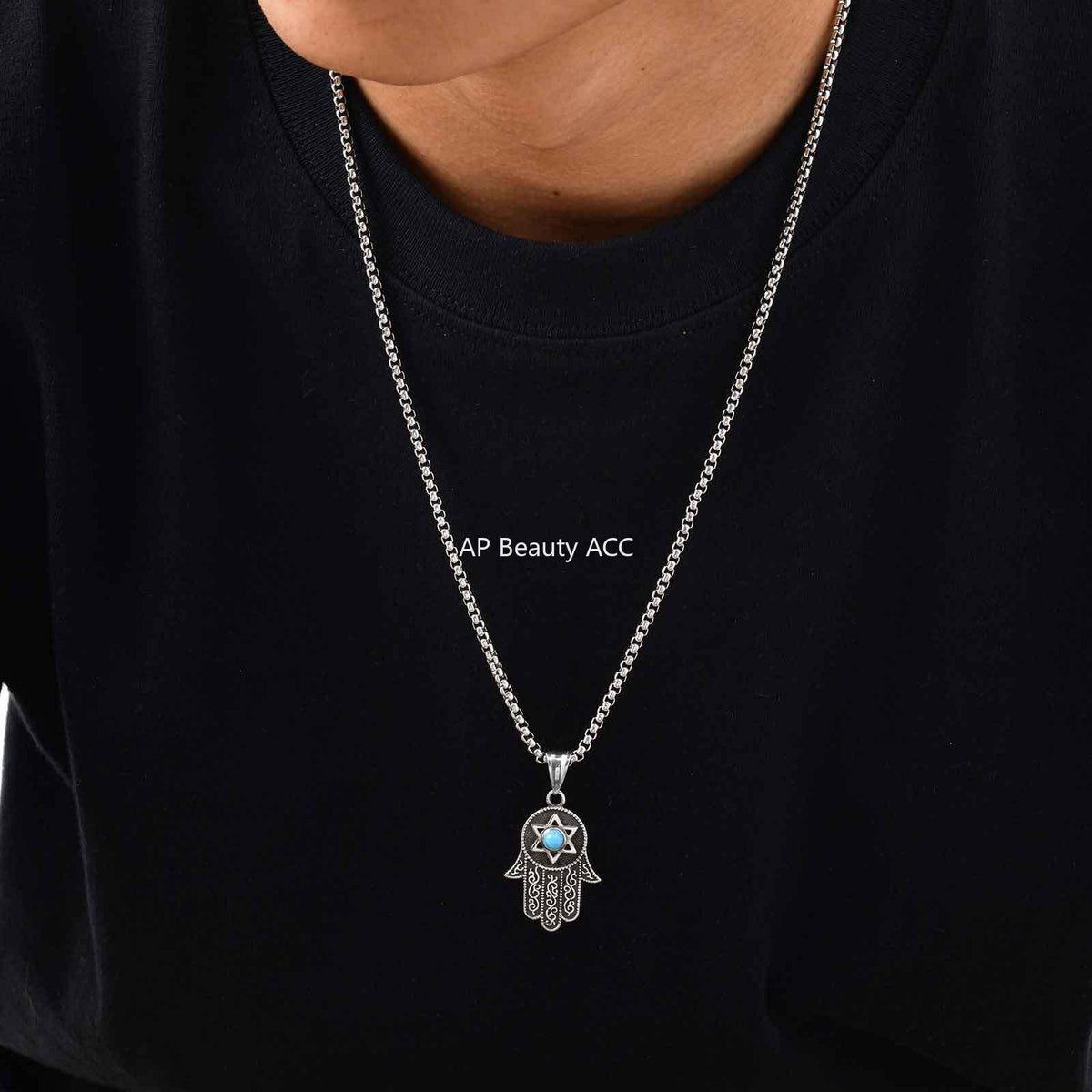 G廠-不鏽鋼項鍊批發個性六芒星綠松石法蒂瑪之手吊墜手掌鋼色「PN-2232」25.11-1