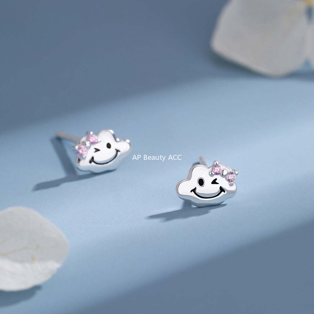 D廠-原創足銀S999雲朵笑臉耳環可愛卡通清新百搭甜美小眾簡約耳飾「YC3703E_1」25.12-2