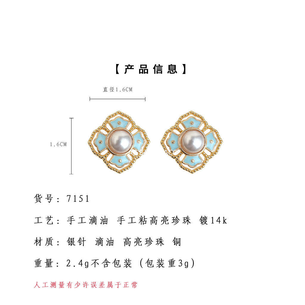 A廠-原創新中式紋樣 925銀針琺瑯滴釉復古花紋宮廷耳釘「7151」25.12-1