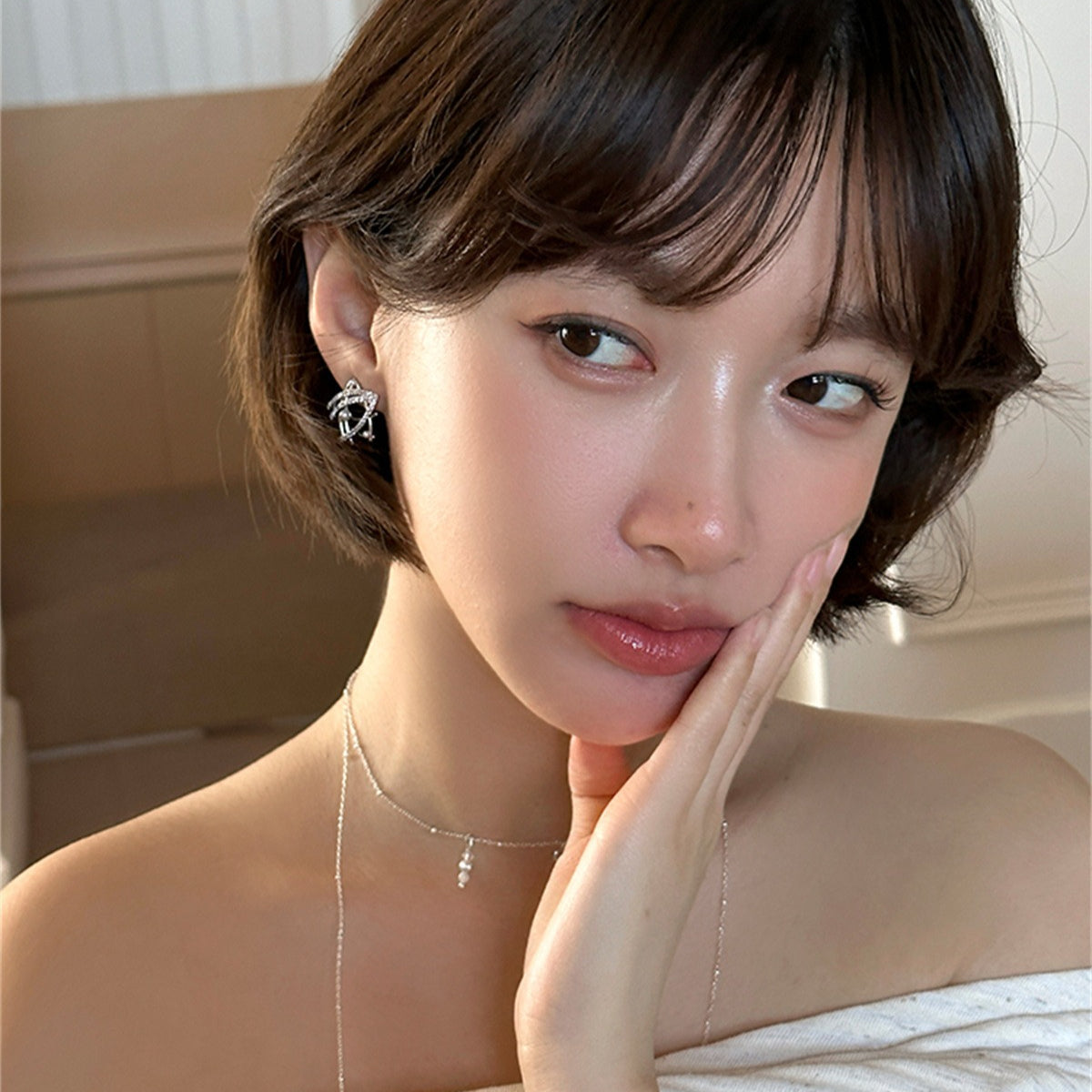 C廠-甜美滿鑽珍珠五角星銀針耳釘女小眾新款潮高級感氣質大氣輕奢耳飾「EH-4002」25.09-3