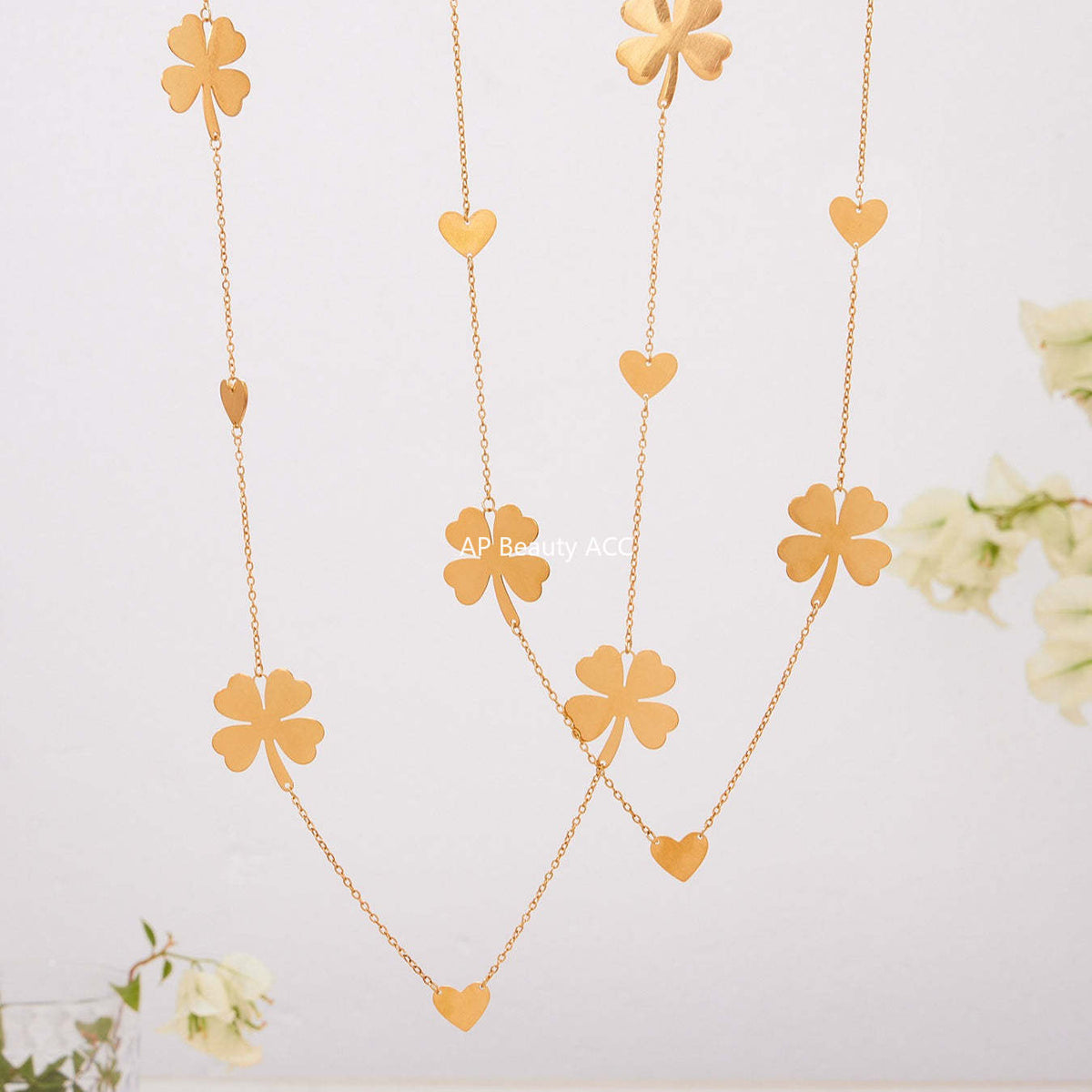 B廠-不鏽鋼愛心四葉草耳環戒指毛衣鏈飾品套裝鍍18k真金不掉色「TXP463」25.10-5