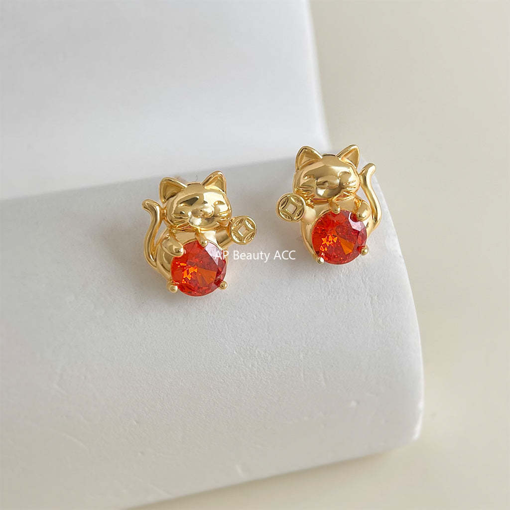 A廠-原創找財貓！ 925銀針鑲嵌鋯石個性小眾設計趣味貓咪耳環 耳飾工廠「6990」25.10-5