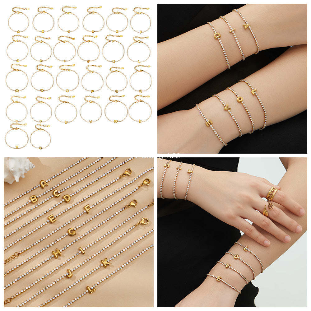 B廠-爆閃爪鑲鋯石26字母手鍊 不鏽鋼鍍18k真金時尚精緻氣質珠寶首飾女「RE023」25.12-3