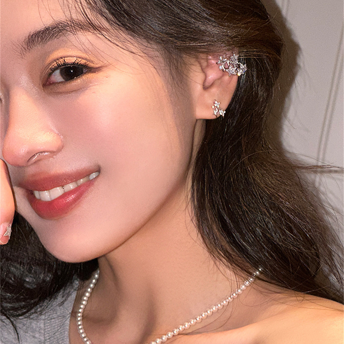 C廠-超閃鋯石大小五角星拼接無耳洞耳骨夾女小眾設計高級感冷淡風耳飾「EH-3843」25.08-3