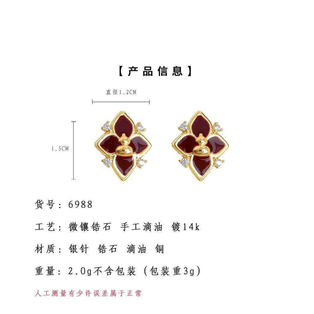 A廠-福祿~葫蘆原創設計925銀針微鑲鋯石琺瑯滴釉酒紅色芒星耳釘耳飾女「6988」25.10-5