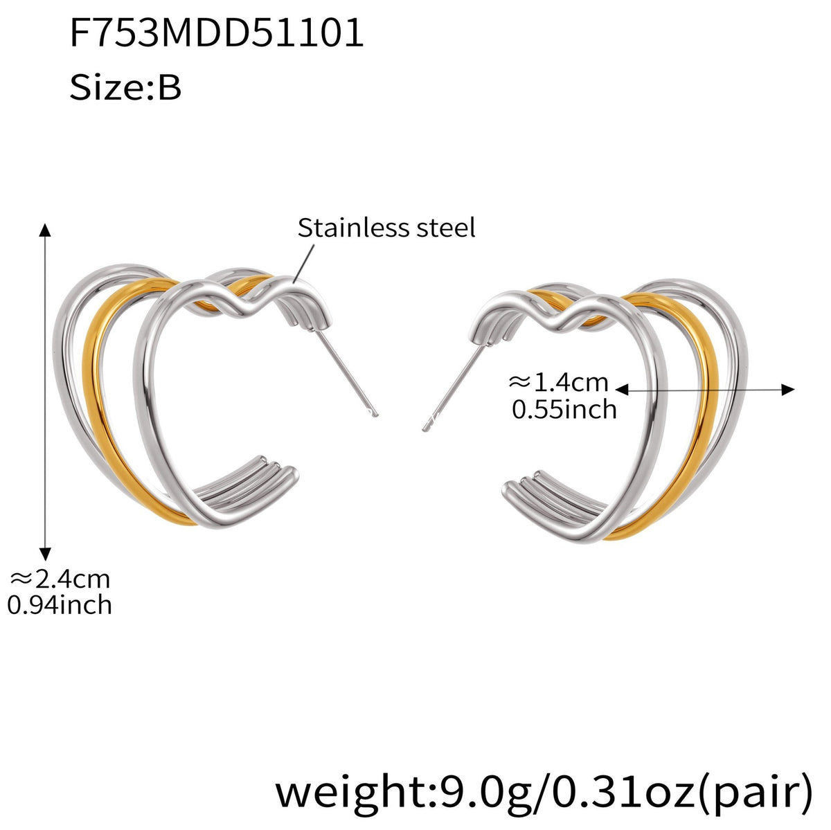 B廠-ins風小眾設計三層愛心形耳環不鏽鋼18k鍍金耳釘不掉色耳飾「F753」25.11-1