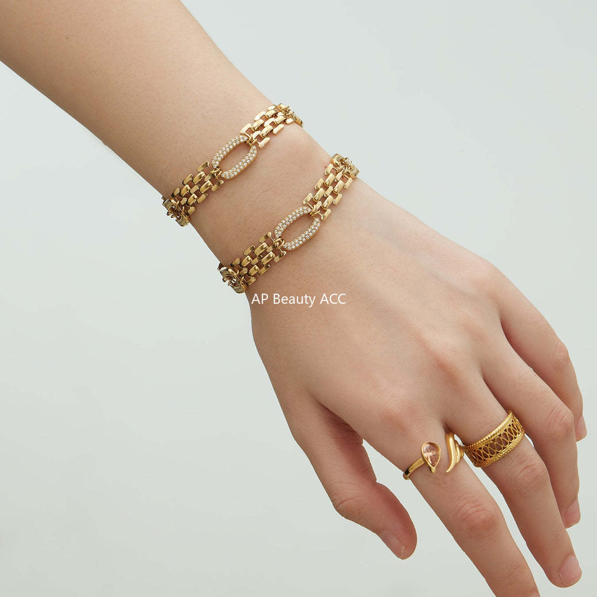 B廠-不鏽鋼超閃5A鋯石手錶鏈手鍊鍍18k真金歐美跨境簡約時尚情侶首飾「E301」25.12-3