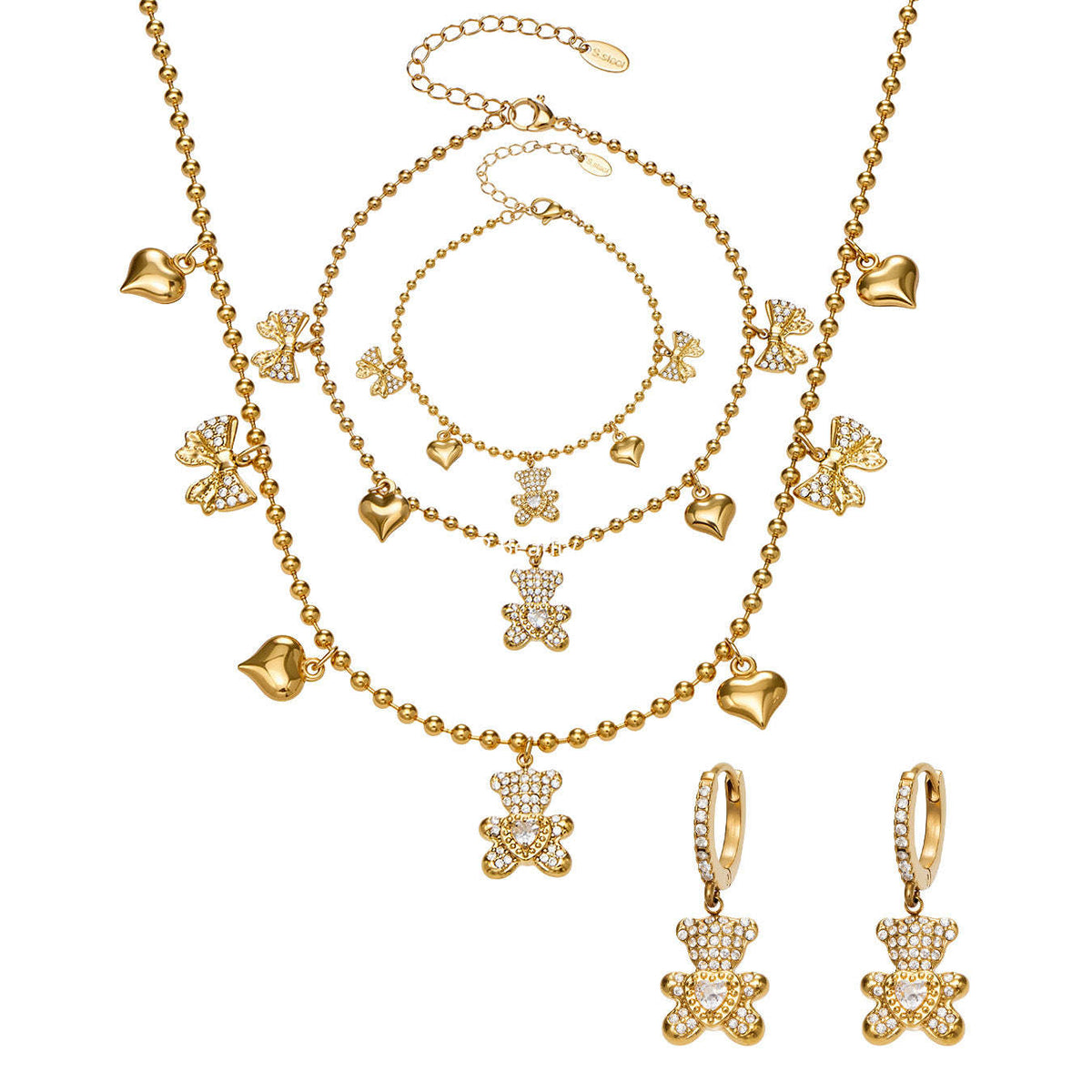 B廠-不鏽鋼5A鋯石滿鑽小熊蝴蝶結愛心多配件吊墜項鍊手鍊耳環首飾套裝「TXP500」25.11-4