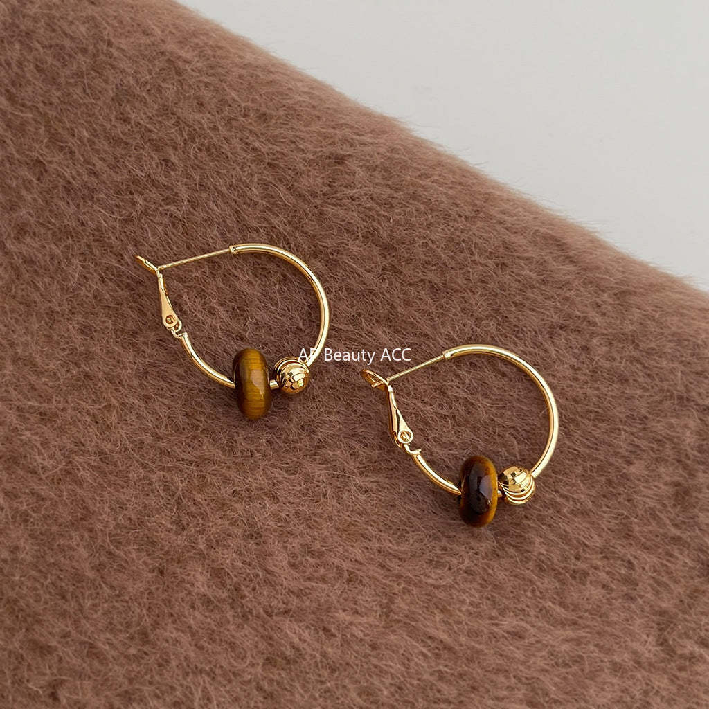 A廠-文藝復古天然石虎眼石圓形幾何銀針高級感耳環女圓圈新工廠「7113」25.11-3