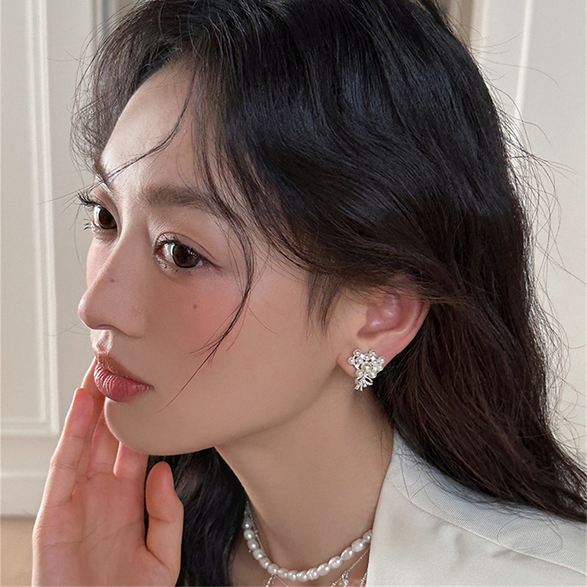 C廠-輕奢精緻蝴蝶結珍珠鋯石花束耳釘女法式氣質優雅百搭高級感耳飾「EH-4112」25.10-1