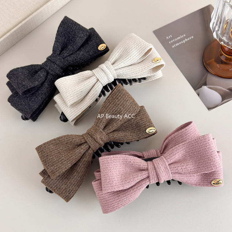 E廠-秋冬毛呢雙面蝴蝶結香蕉夾女後腦勺高馬尾髮夾氣質鯊魚夾頭飾髮卡「27708」25.11-3