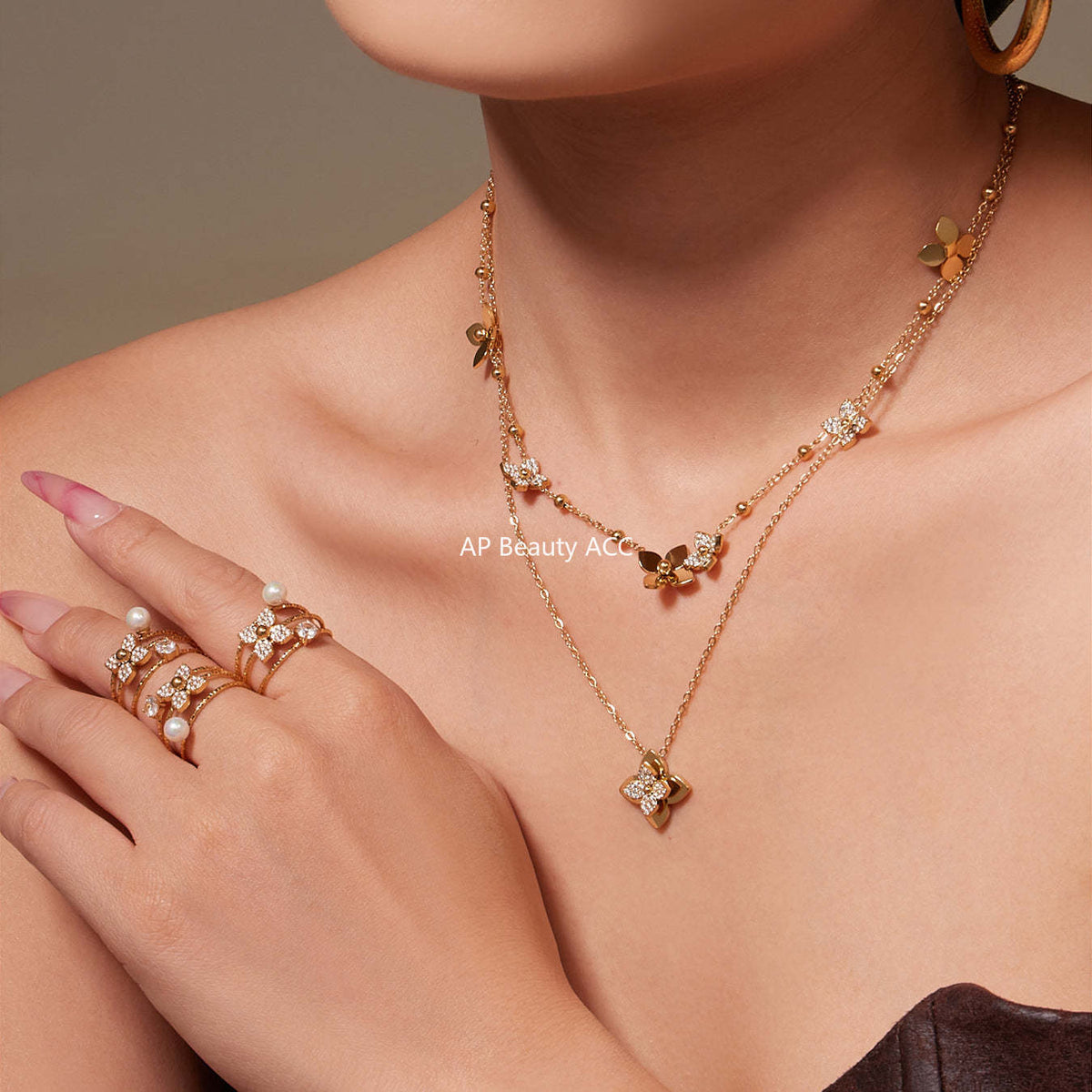 B廠-熱銷新品重十字夾珠鬱金香花朵鑲鋯石滿鑽鎖骨項鍊戒指套裝「TXP489」25.11-4