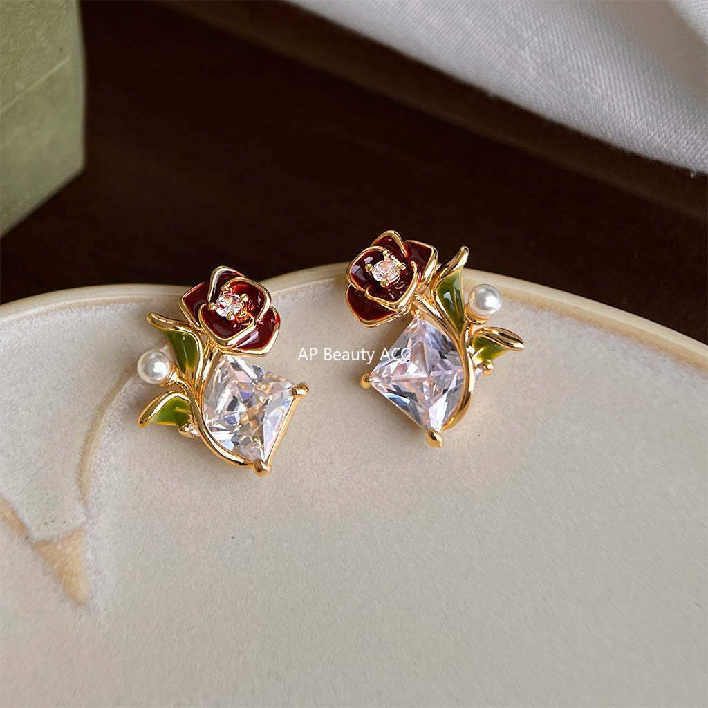 A廠-原始玫瑰鋯石花朵耳釘S925銀針保色電鍍新款高級感耳飾工廠飾品「7225」25.12-2