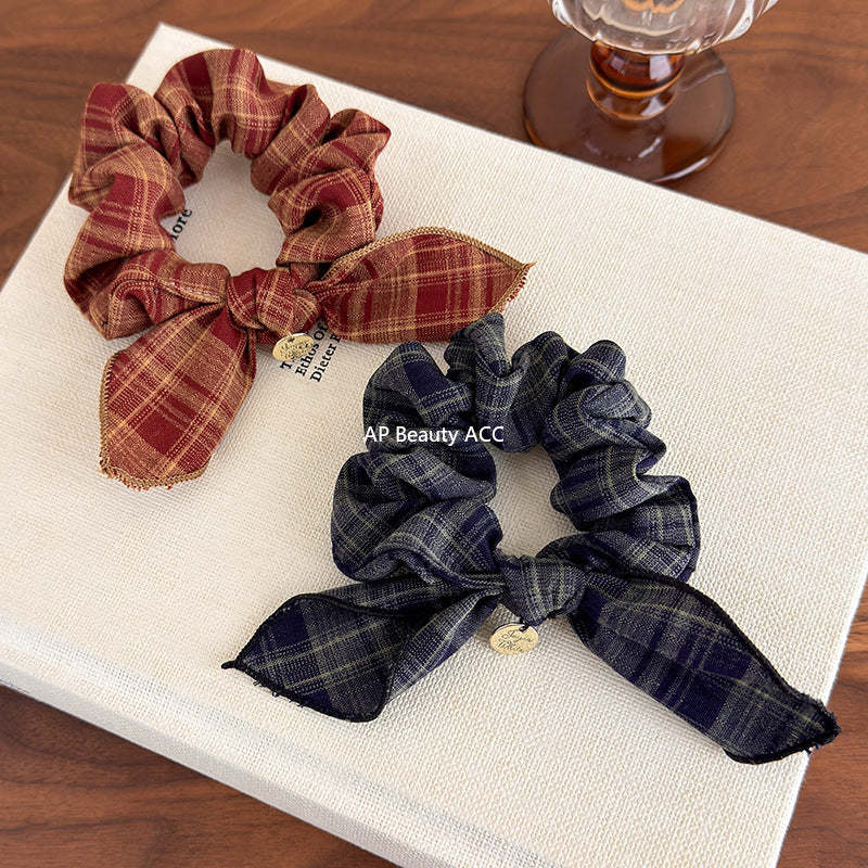 E廠-復古格紋學院風蝴蝶結髮圈減齡時尚百搭髮繩皮筋小腸髮圈頭飾品「27646」25.11-1