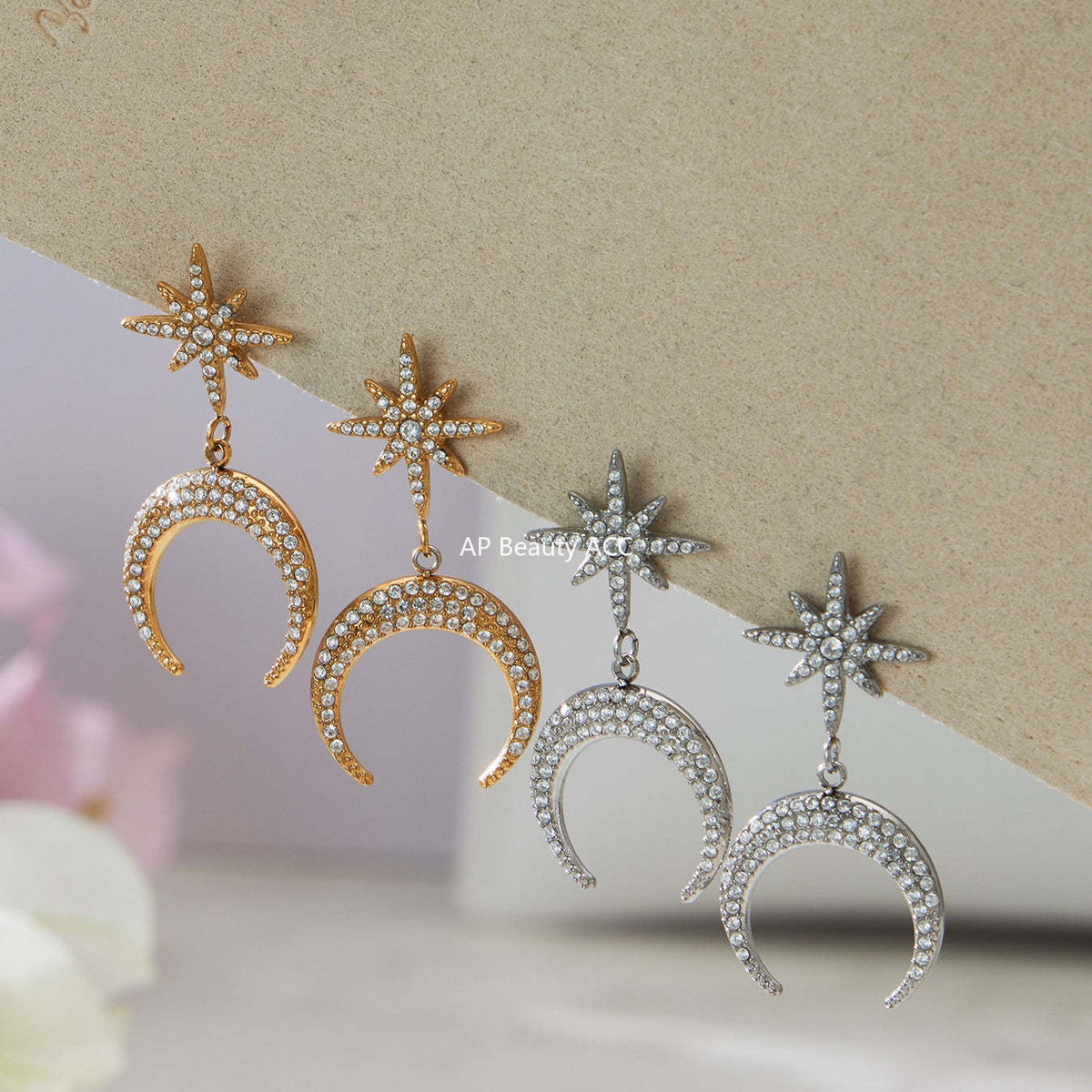 B廠-歐美熱銷新品不鏽鋼5A鋯石八芒星月牙吊墜耳環項鍊首飾套裝「TXP485」25.11-4