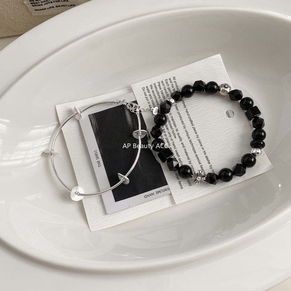 C廠-韓國東大門復古泰銀中性風S925銀十字架黑瑪瑙黑曜石手鍊通體銀「1512」25.11-3