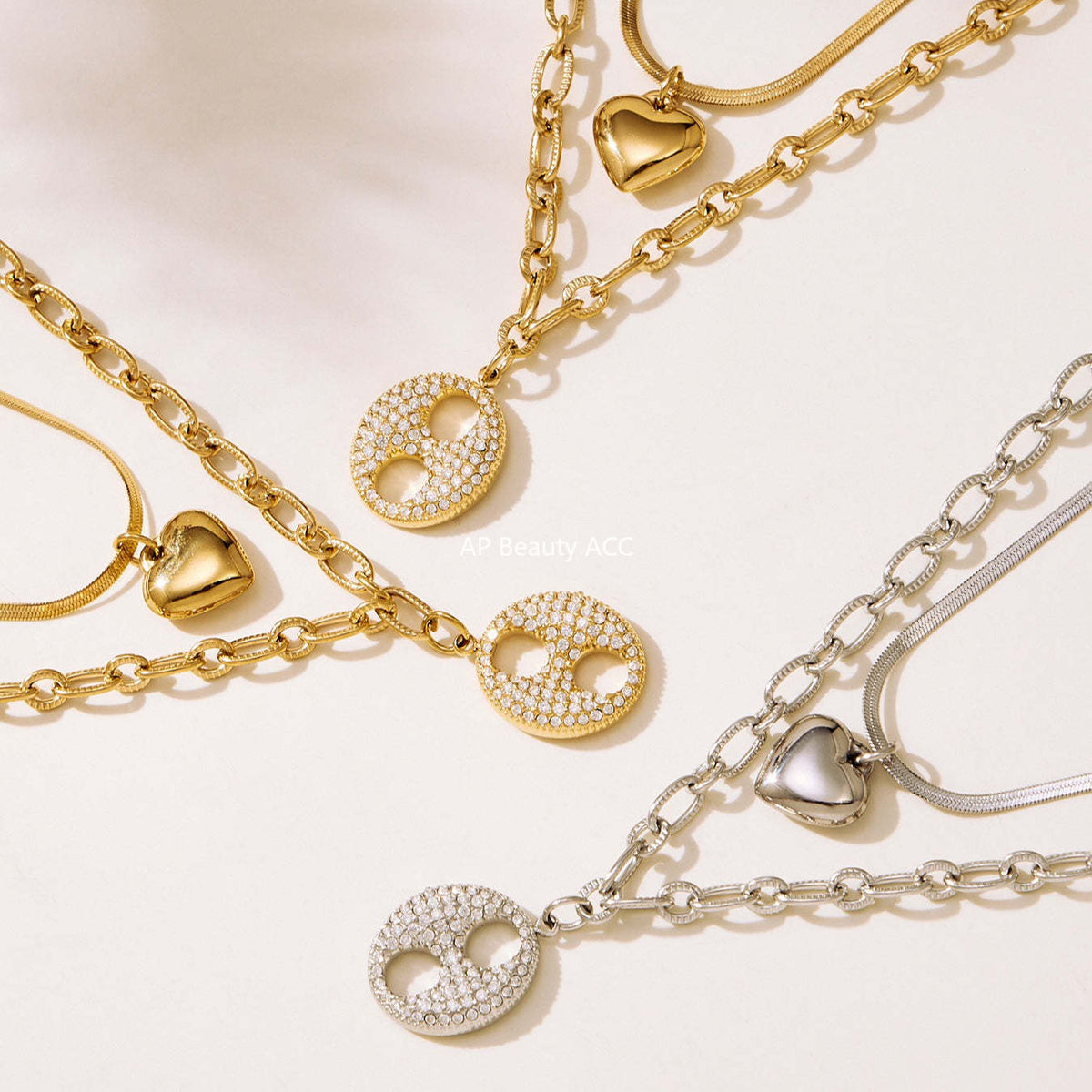 B廠-不鏽鋼雙層疊戴愛心豬鼻子鋯石項鍊 鍍18k金歐美百搭項飾「P100」25.11-3