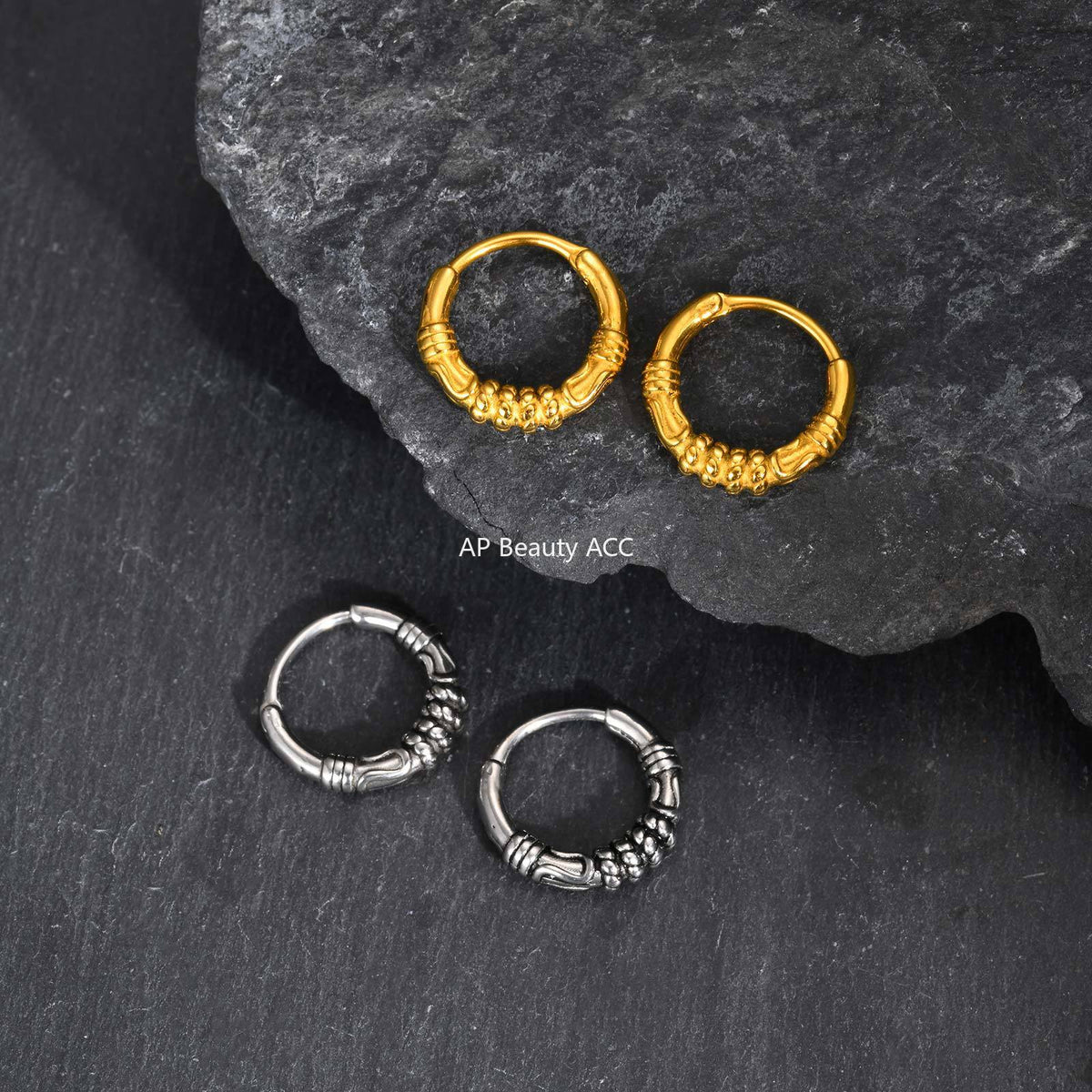 G廠-不鏽鋼個性嘻哈朋克暗黑風幾何花紋耳圈金色「EH-647」25.12-1