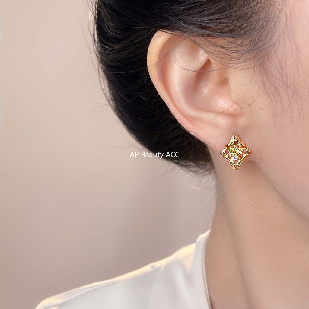 A廠-鳶尾花原創設計微鑲鋯石925銀針鍍14K時尚高級感輕奢風耳飾耳環女「7164」25.11-4