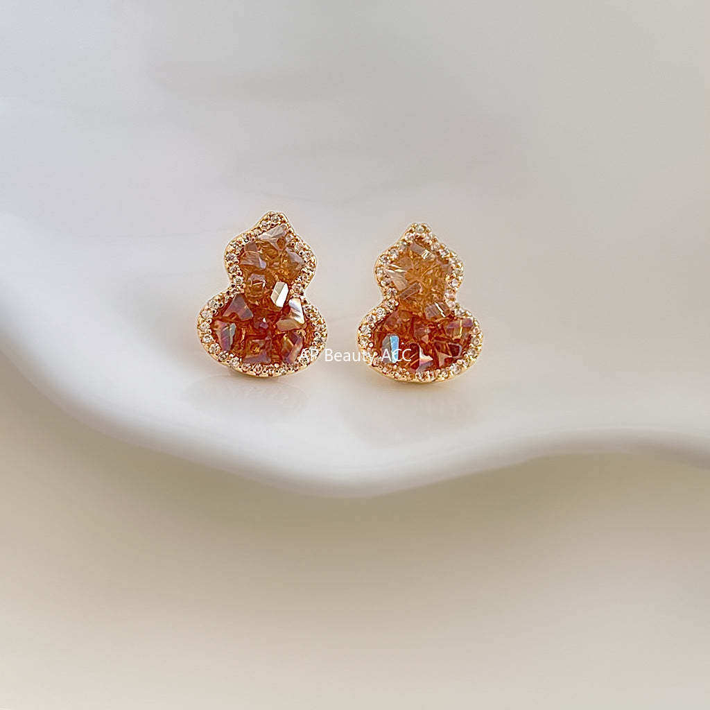 A廠-閉眼入！好賣！微鑲鋯石925銀針水晶葫蘆耳環橙色漸變香檳色耳飾「6949」25.10-4