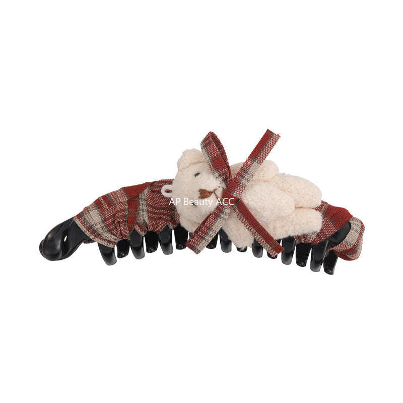 E廠-美拉德格紋布藝蝴蝶結玩偶小熊香蕉夾髮夾竪夾大號馬尾夾韓版髮飾「27722」25.11-4