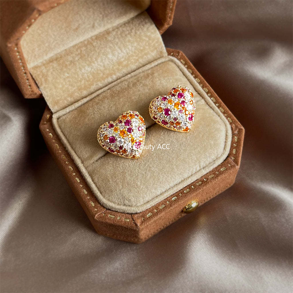 A廠-輕奢風時尚滿鋯石彩鑽愛心 925銀針耳環女時尚高級感通勤百搭耳飾「7180」25.12-1