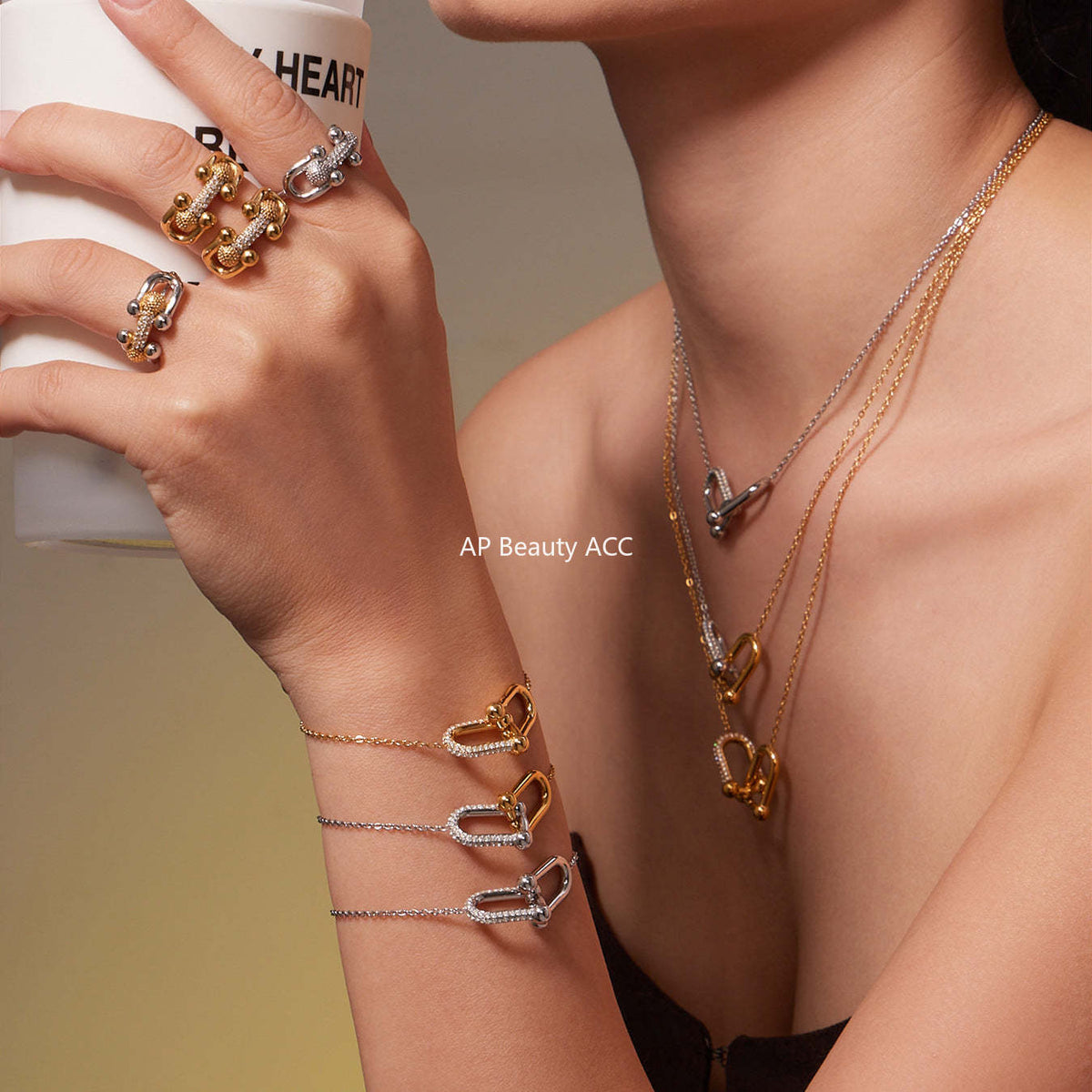 B廠-不鏽鋼馬蹄扣帶鑽飾品耳環戒指手鍊項鍊首飾套裝鍍18k真金不掉色「TXP501」25.11-4