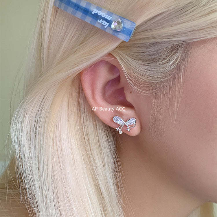 C廠-韓系小香風蝴蝶結星星耳釘女輕奢高級感銀針鋯石耳環精緻秋冬耳飾「EH-4329」25.12-1