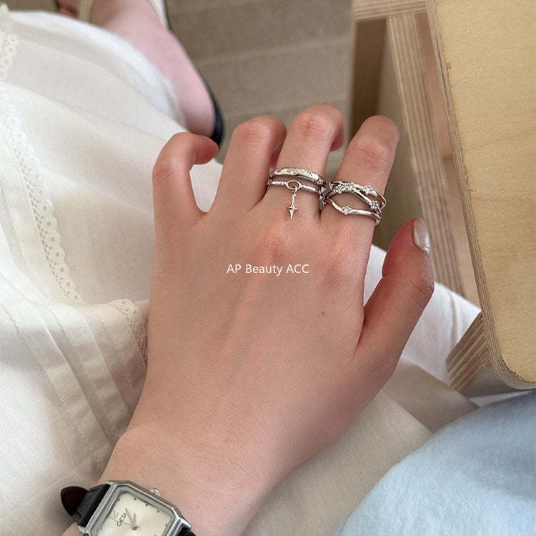C廠-時尚個性冷淡風星星吊墜純銀戒指女小眾輕奢疊戴風多層鋯石食指戒「JZ-0720」25.10-5