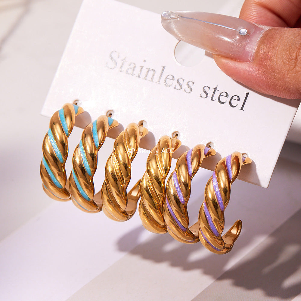 B廠-新款不鏽鋼幾何扭紋滴油耳環琺瑯彩釉時尚個性耳飾鍍18k金「F812」25.11-1