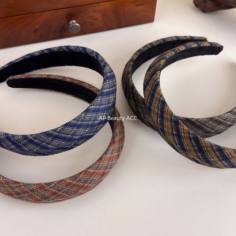 E廠-韓國經典復古格紋凹凸髮箍女2025新款法式高顱頂寬邊氣質頭箍髮飾「27675」25.11-3
