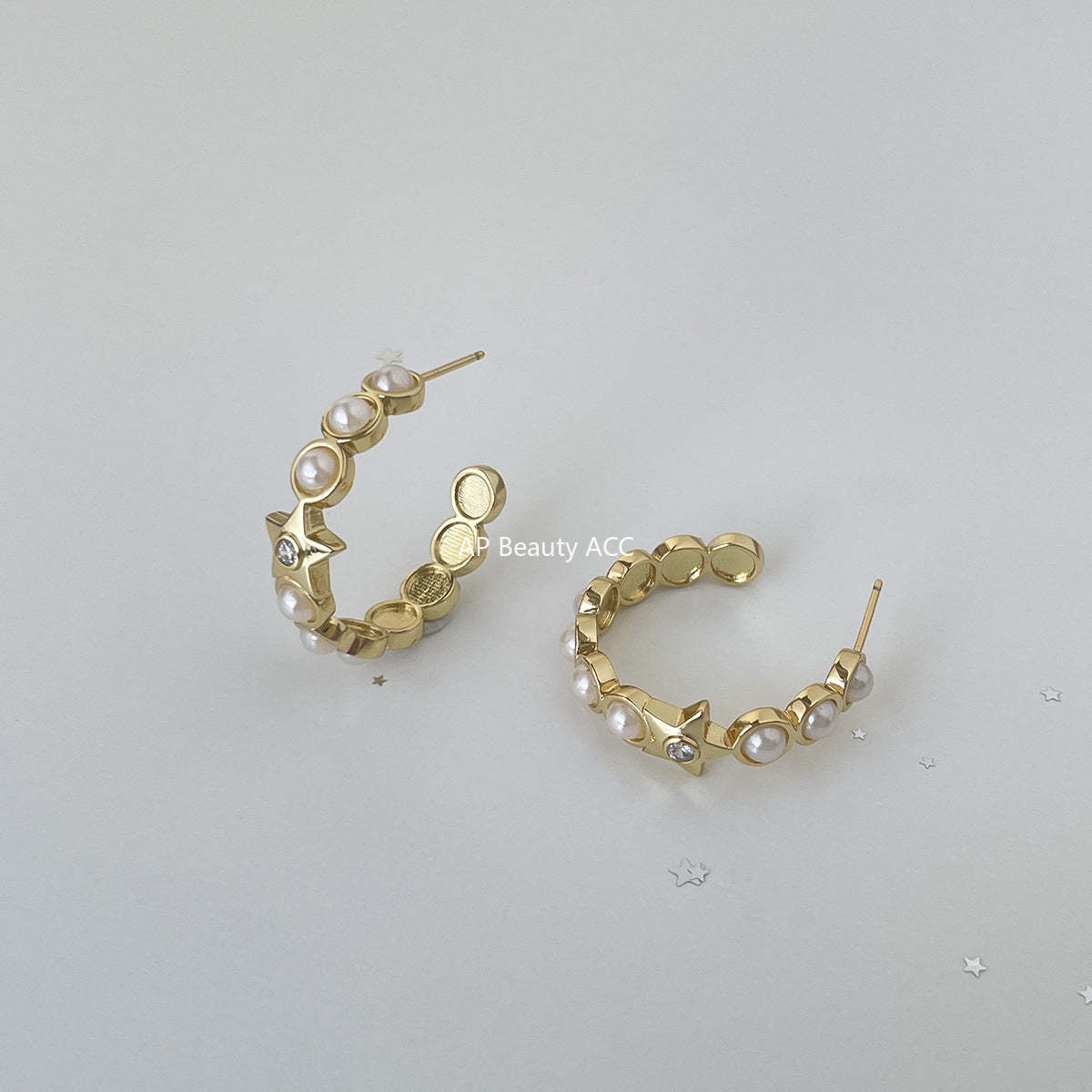 C廠-小香風珍珠耳圈女輕奢ins甜美百搭星星鋯石銀針耳環高級感新耳飾「EH-4113」25.10-5