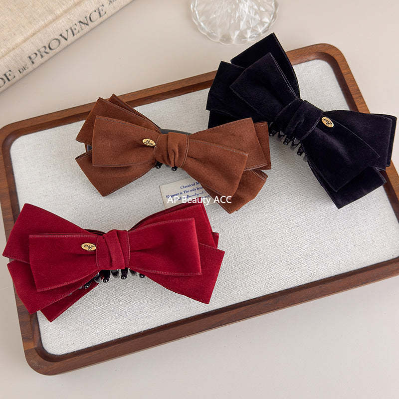 E廠-美拉德麂皮蝴蝶結金標香蕉夾蓬松顯髮量高馬尾抓夾優雅半扎髮夾子「27621」25.11-1