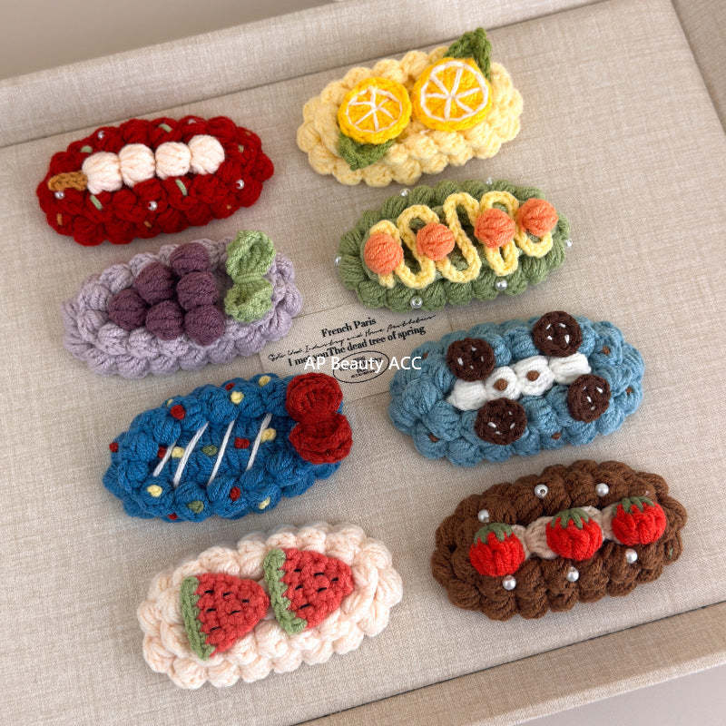 E廠-秋冬手工鈎針毛線水果髮夾女款2025新款前額bb夾側邊夾碎髮瀏海夾「27629」25.11-1